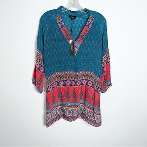 Tolani Tunic Top Women’s Small Floral Paisley Silk Long Sleeve Teal V Neck B30